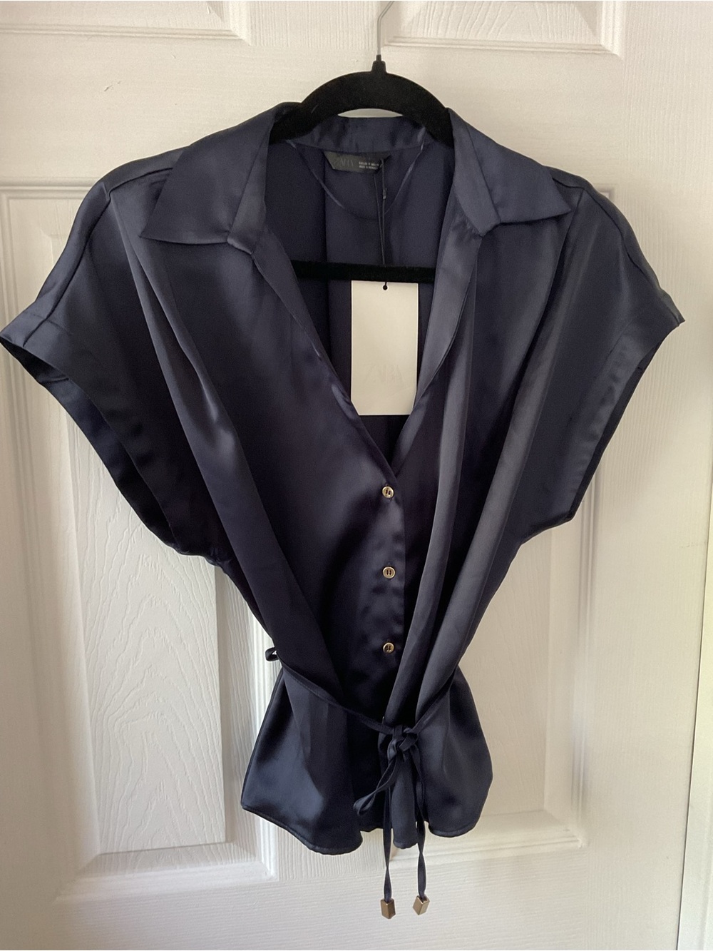 ZARA Satin Navy Blouse Size M Belted Button Front Top NWT Chic Elegant - Picture 2 of 9